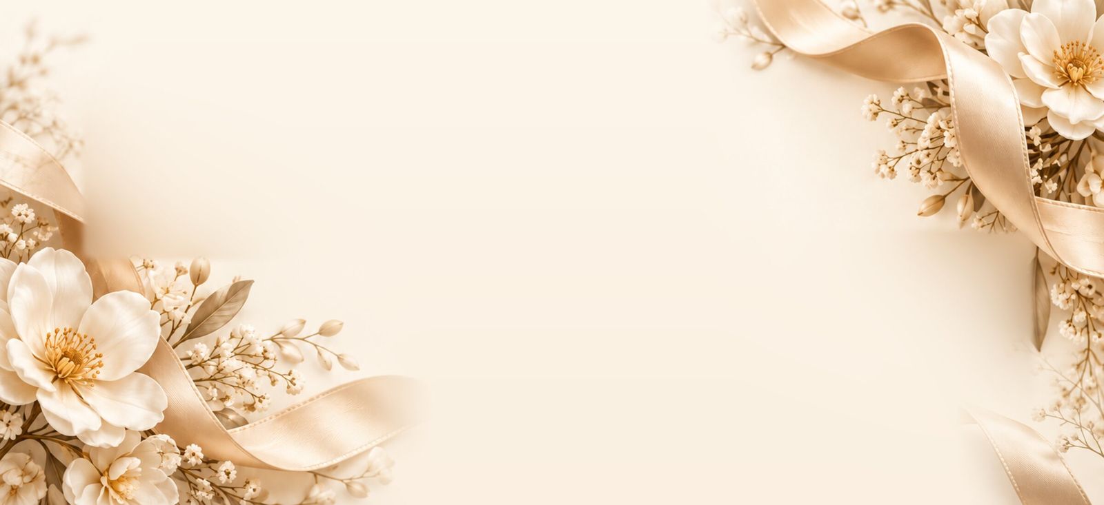 Ivory flowers, gypsophila and gold satin ribbon on a cream ground