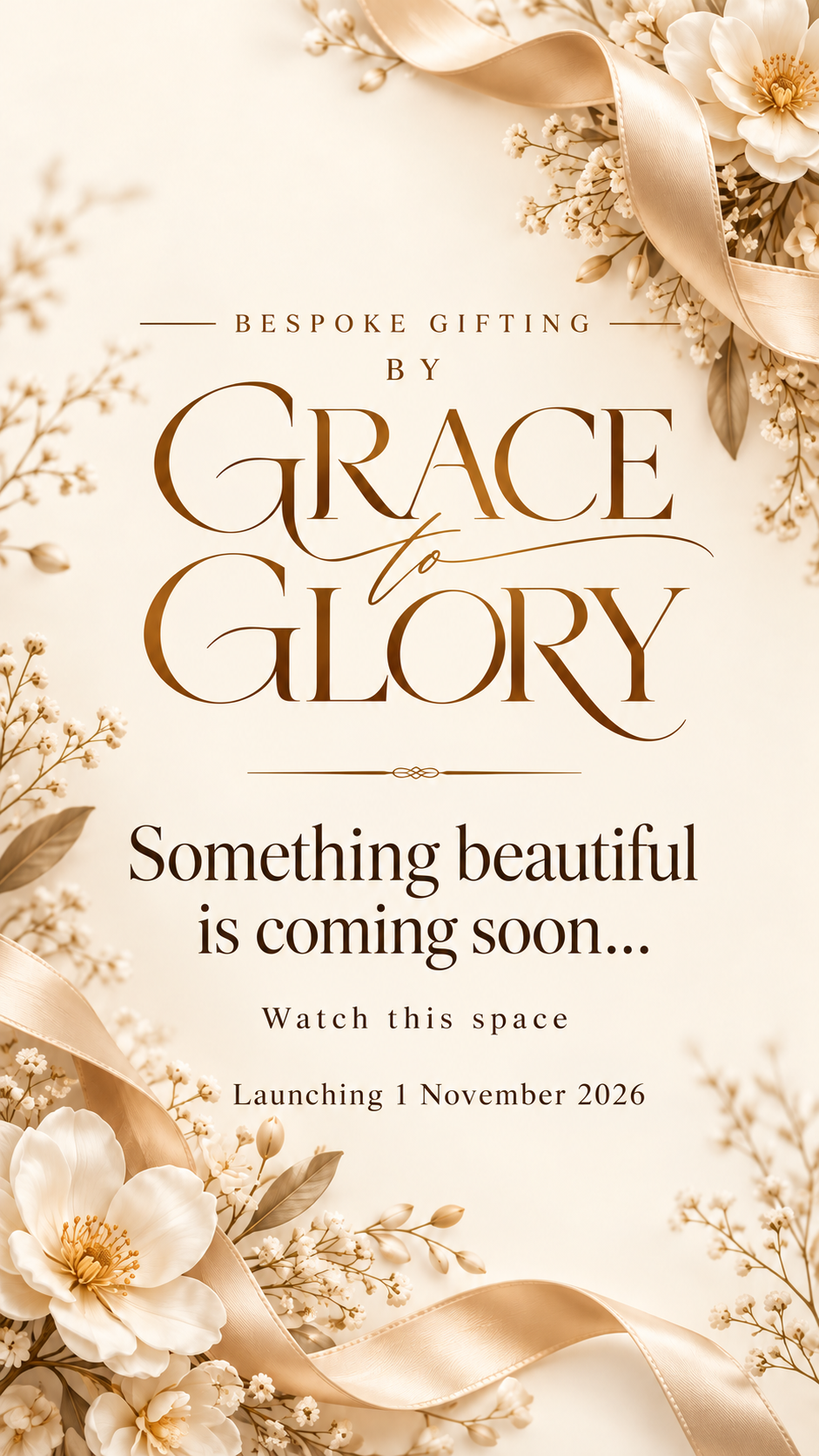 Ivory flowers and gold satin ribbons around the By Grace to Glory wordmark, with the words: something beautiful is coming soon, launching 1 November 2026